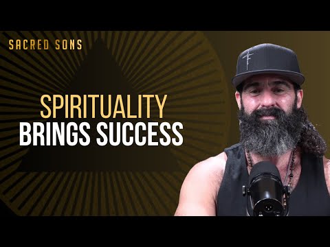 Sacred Sons image with the words Spirituality Brings Success and a speaker at a microphone